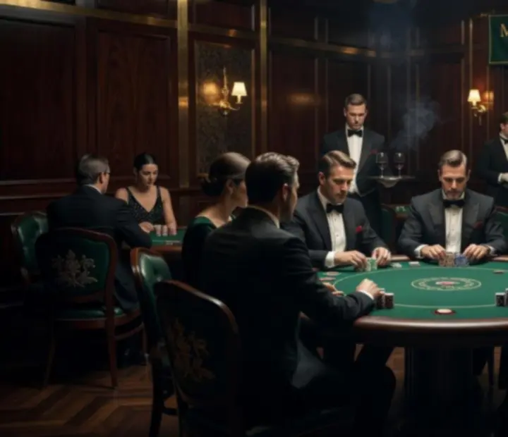Intimate, mood-lit poker tournament at Fortune & Fork with guests around a leather-padded table