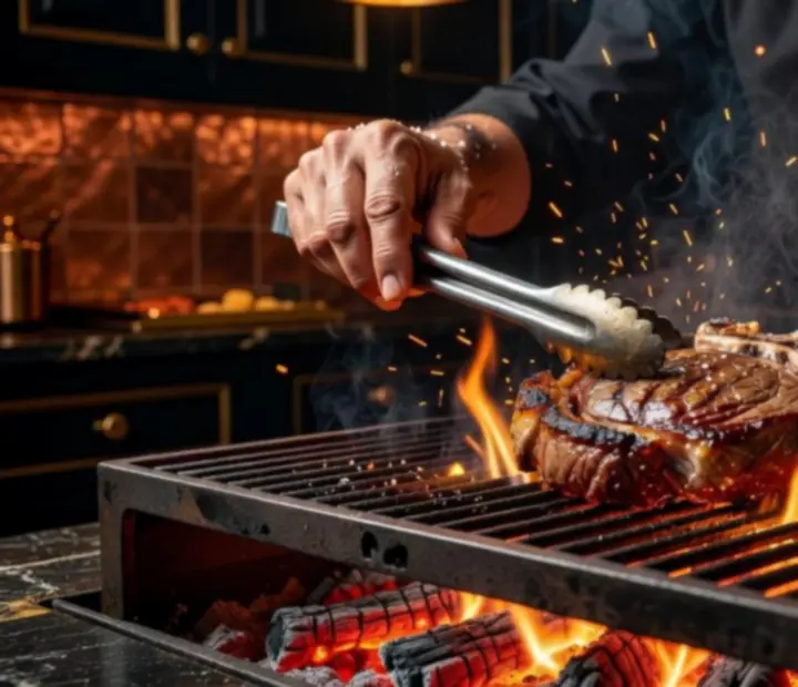 Chef flame-grilling steak over hardwood embers in an open kitchen