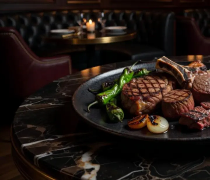 Charcoal-grilled steak and shareable platter plated on a dark table at Fortune & Fork