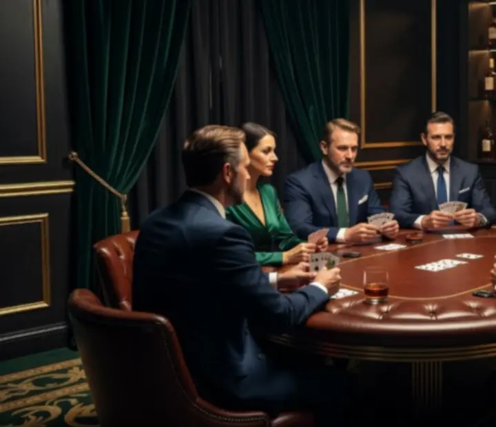 Intimate Melbourne steakhouse with guests gathered around a leather-padded poker table