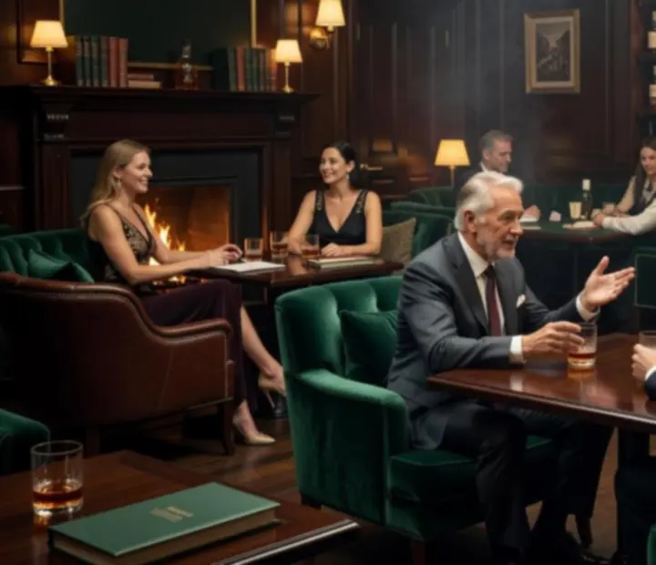 Moody emerald-lit lounge interior with plush seating and poker table