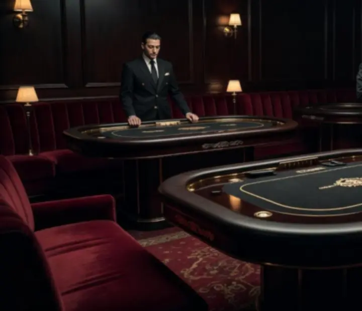 Emerald-lit poker lounge with custom felt tables and velvet banquettes