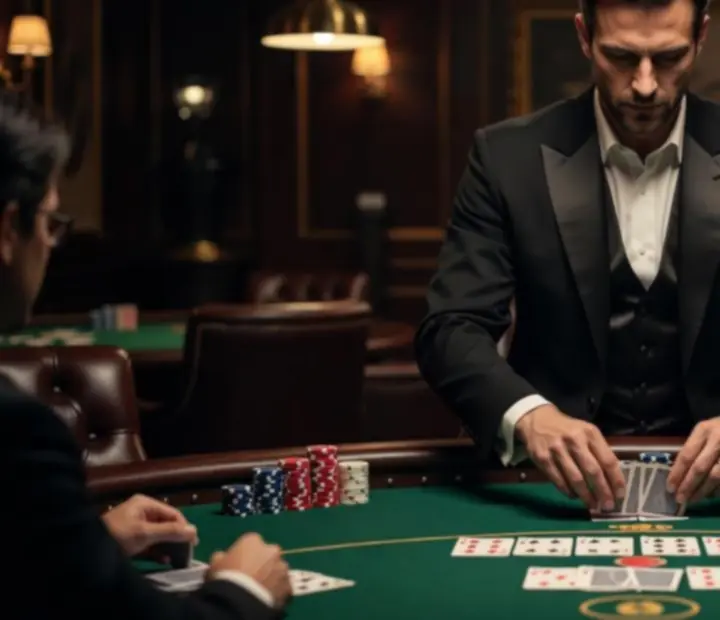 Professional croupier dealing Texas Hold'em cards at Fortune & Fork
