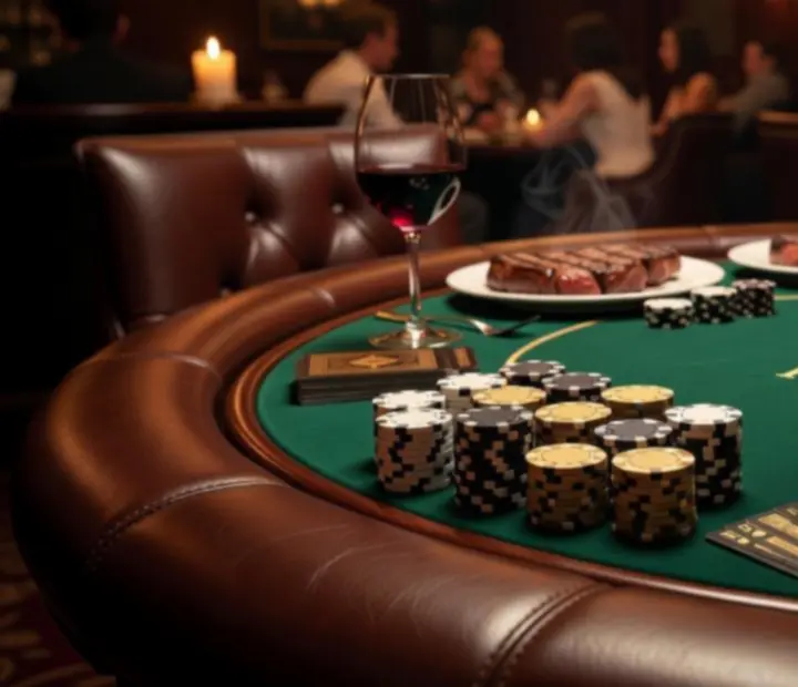 Steakhouse dinner and poker table setup for the Steak & Cards tournament series at Fortune & Fork