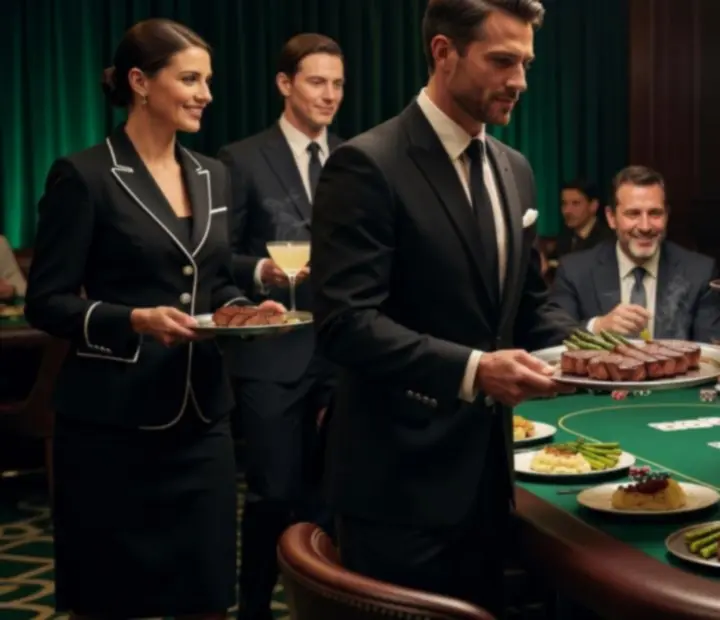 Tableside dining service during a poker tournament at Fortune & Fork