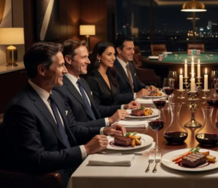 VIP dinner setting with fine glassware, wine, and a warm poker-club ambiance