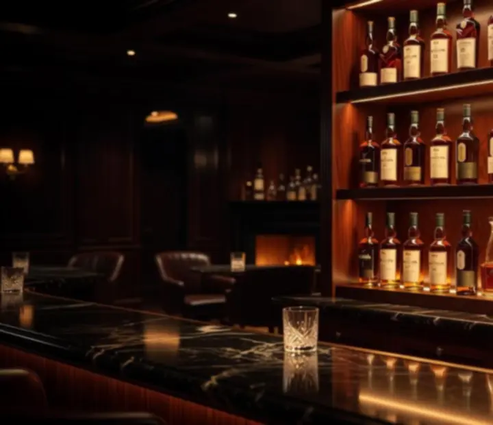 Backlit whiskey shelves with rare bottles at Fortune & Fork's club